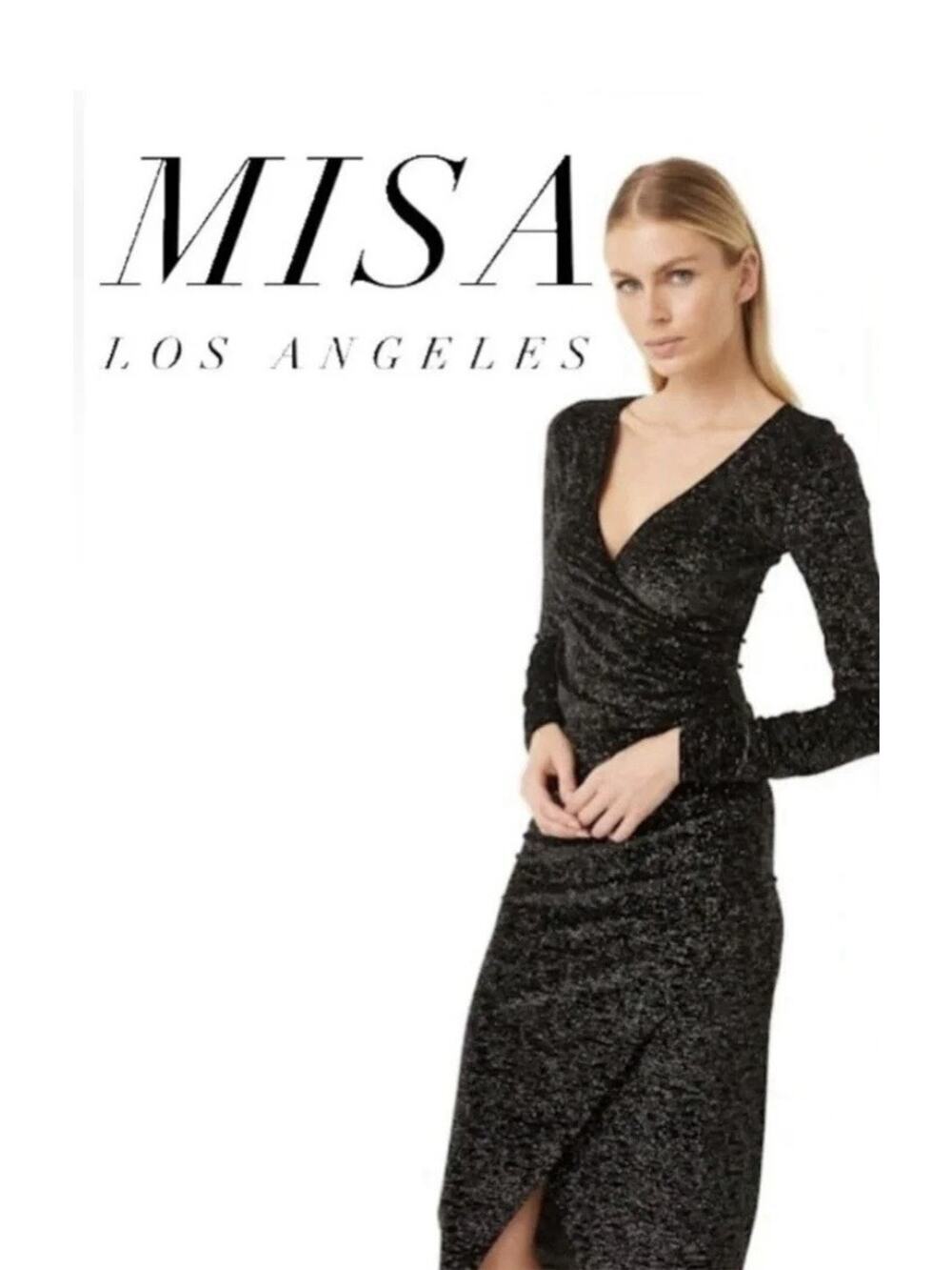 New Misa Los Angeles Setarah Metallic Glitter Faux Wrap Midi Dress Black Sz M